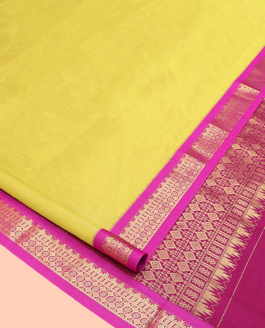 Yellow Plain Nine Yard Cotton Saree, Complemented by Contrast Traditional Zari Design Border, Pallu of Diamond Enclosed Checks, and Comes Without a Blouse