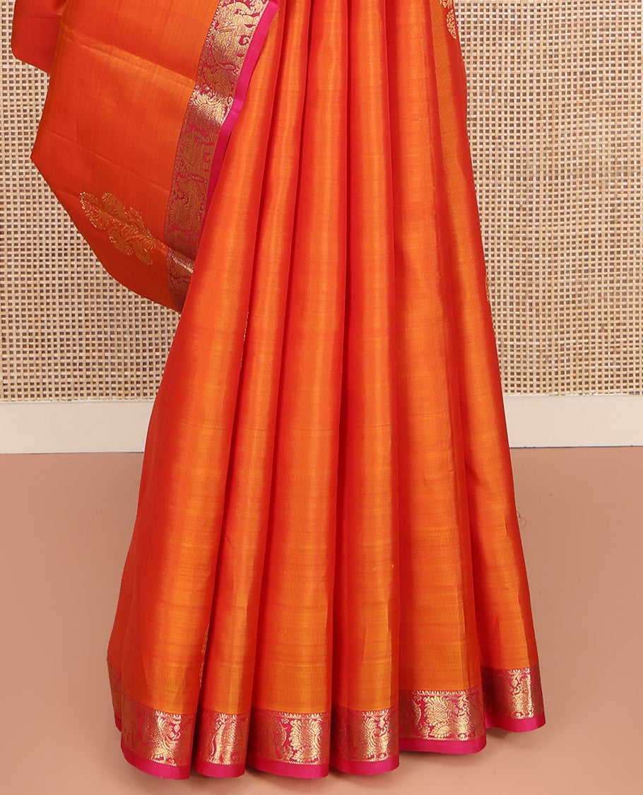 Orange Kanchipuram Silk Saree, Accentuated with Zari Buttas All Over Its Body, Complemented by Contrast Border of Yaanai and Mayil Designs, Grand Floral Jaal Pallu, and Paired with a Contrast Blouse