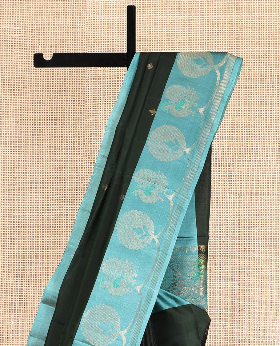 Green Mayuri Soft Silk Saree, Woven with Buttas, Contrast Floral-Peacock Border, Pallu of Vanki Designs and a Contrast Blouse