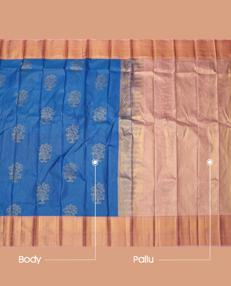 Blue Budget Silk Saree, Gleamed up with Zari Buttas and Stripes, Complemented by Contrast Traditional Zari Border, Grand Pallu and a Contrast Blouse