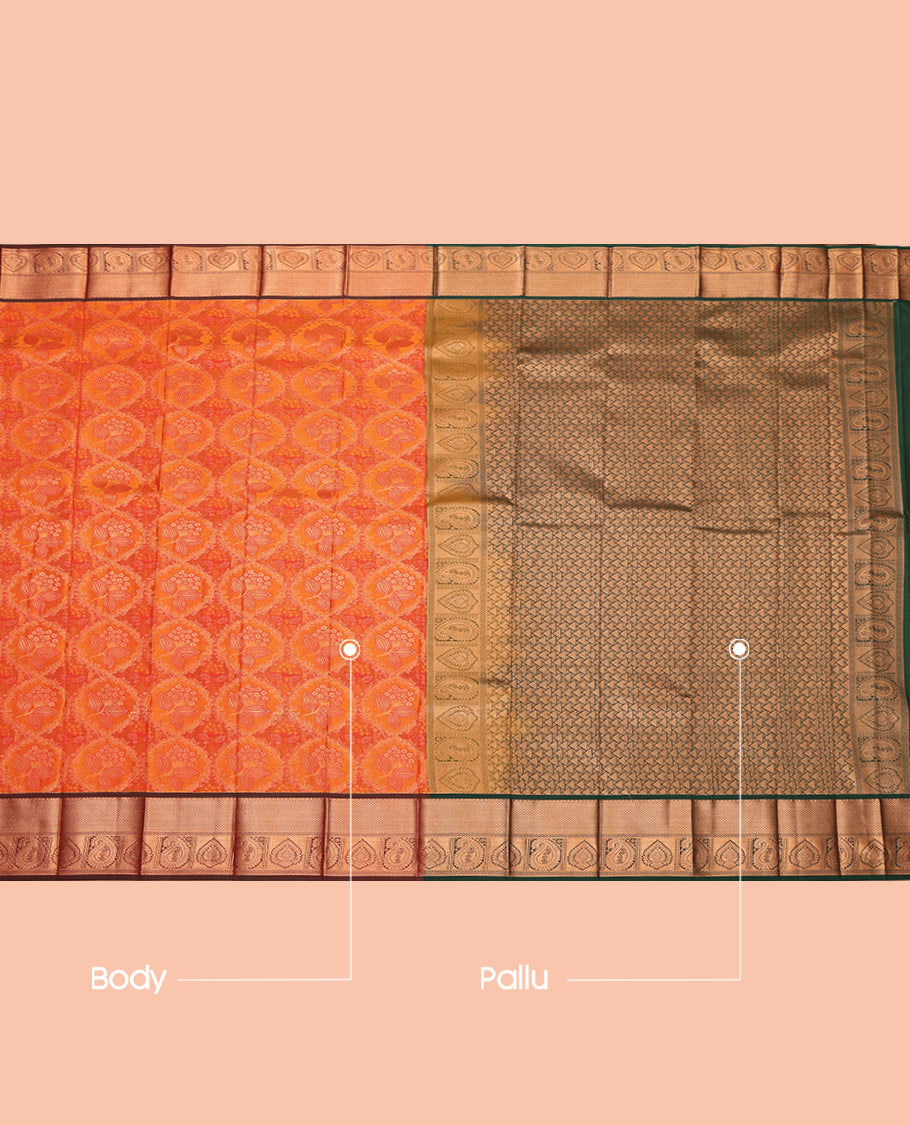Orange Budget Silk Saree, Subtly Sparkled with Jacquard, Complemented by Contrast Traditional Zari Border, Grand Pallu, and a Contrast Blouse