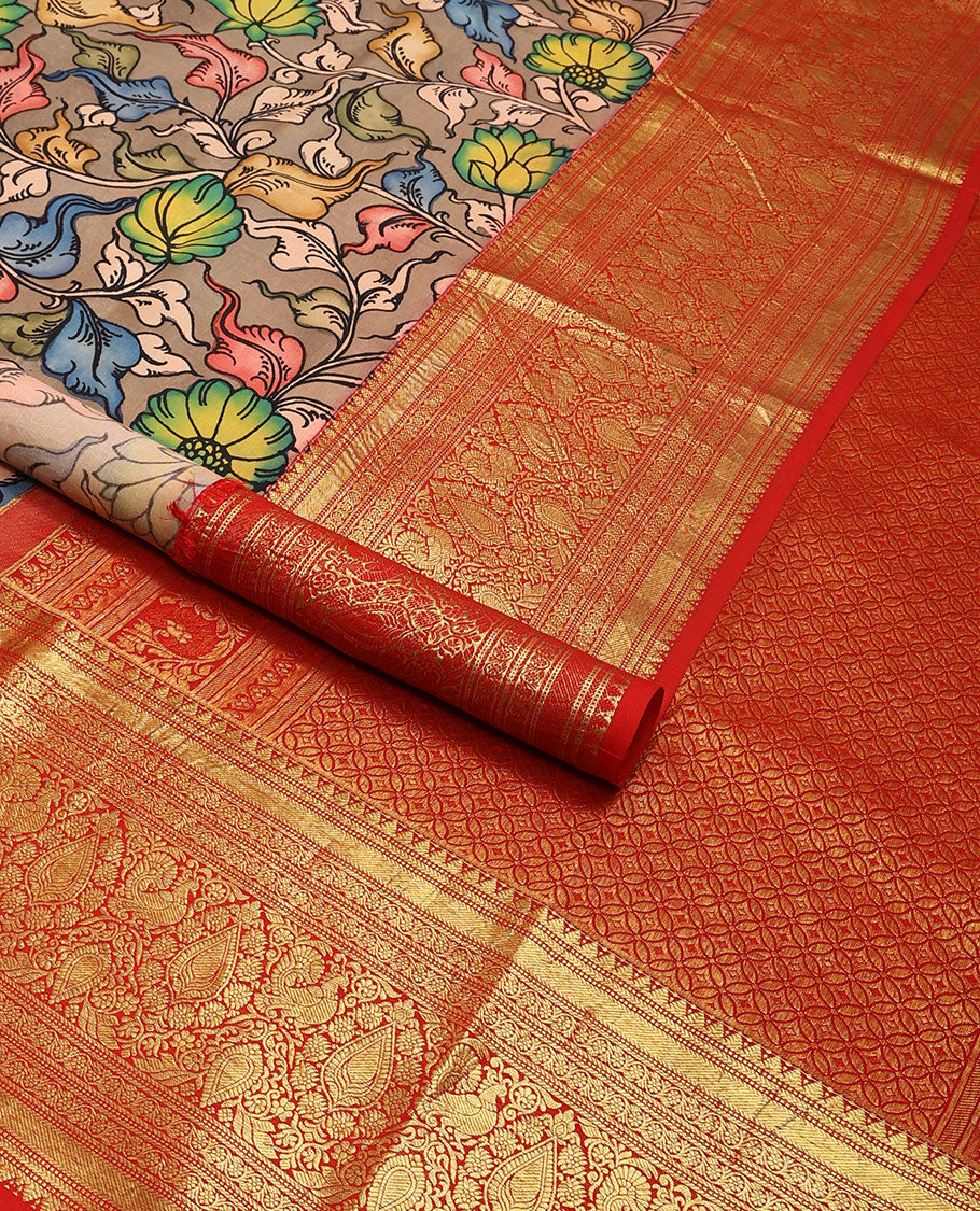 Blue human, animal design kalamkari silk saree with contrast intricate zari design border & floral jaal design pallu