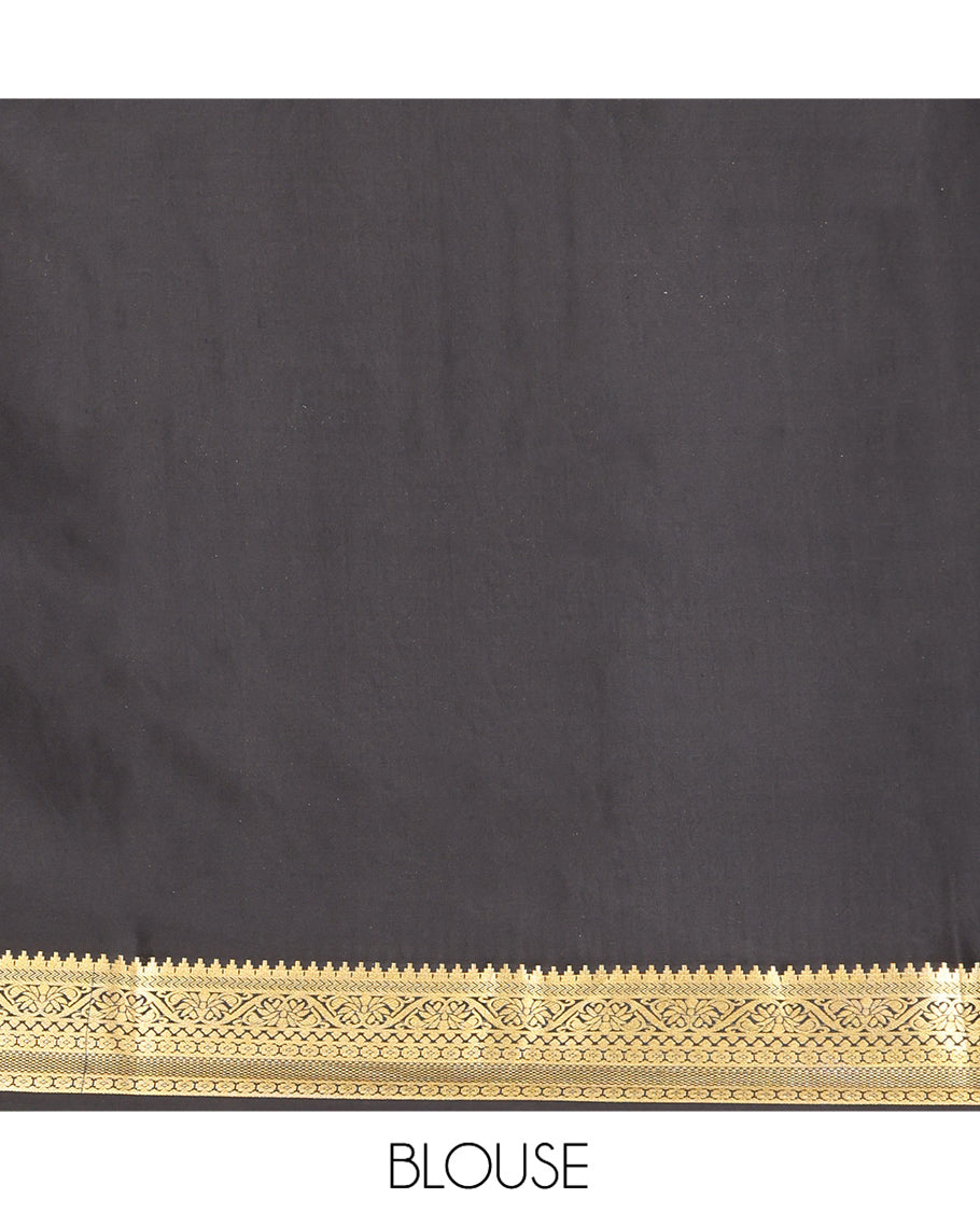 Yellow Mysore Silk Saree, Adorned with Elephant Buttas, Complemented by a Contrast Traditional Zari Border, Grand Pallu, and a Contrast Blouse