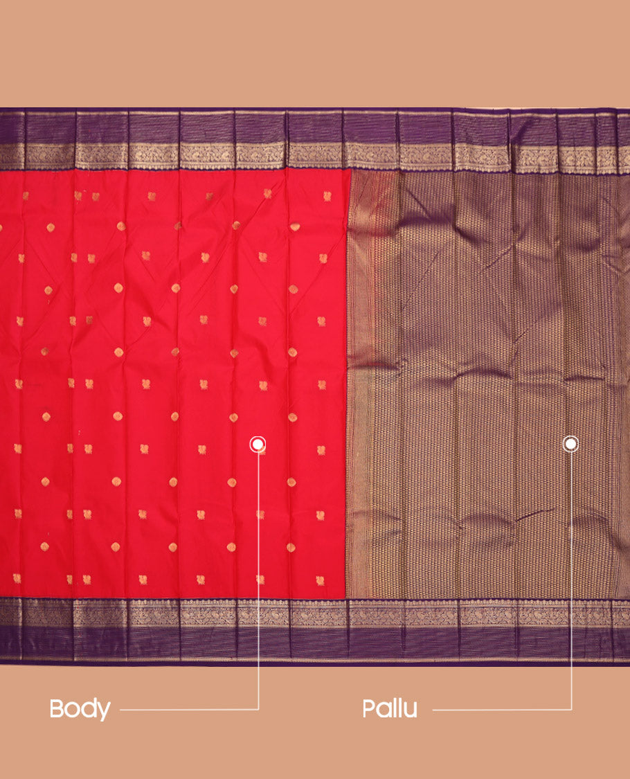Red Budget Silk Saree, Highlighted by Peacock-Chakram Buttas All Over Its Body, Complemented by Contrast Traditional Zari Design Border, Grand Jaal Pallu, and Paired with a Contrast Blouse