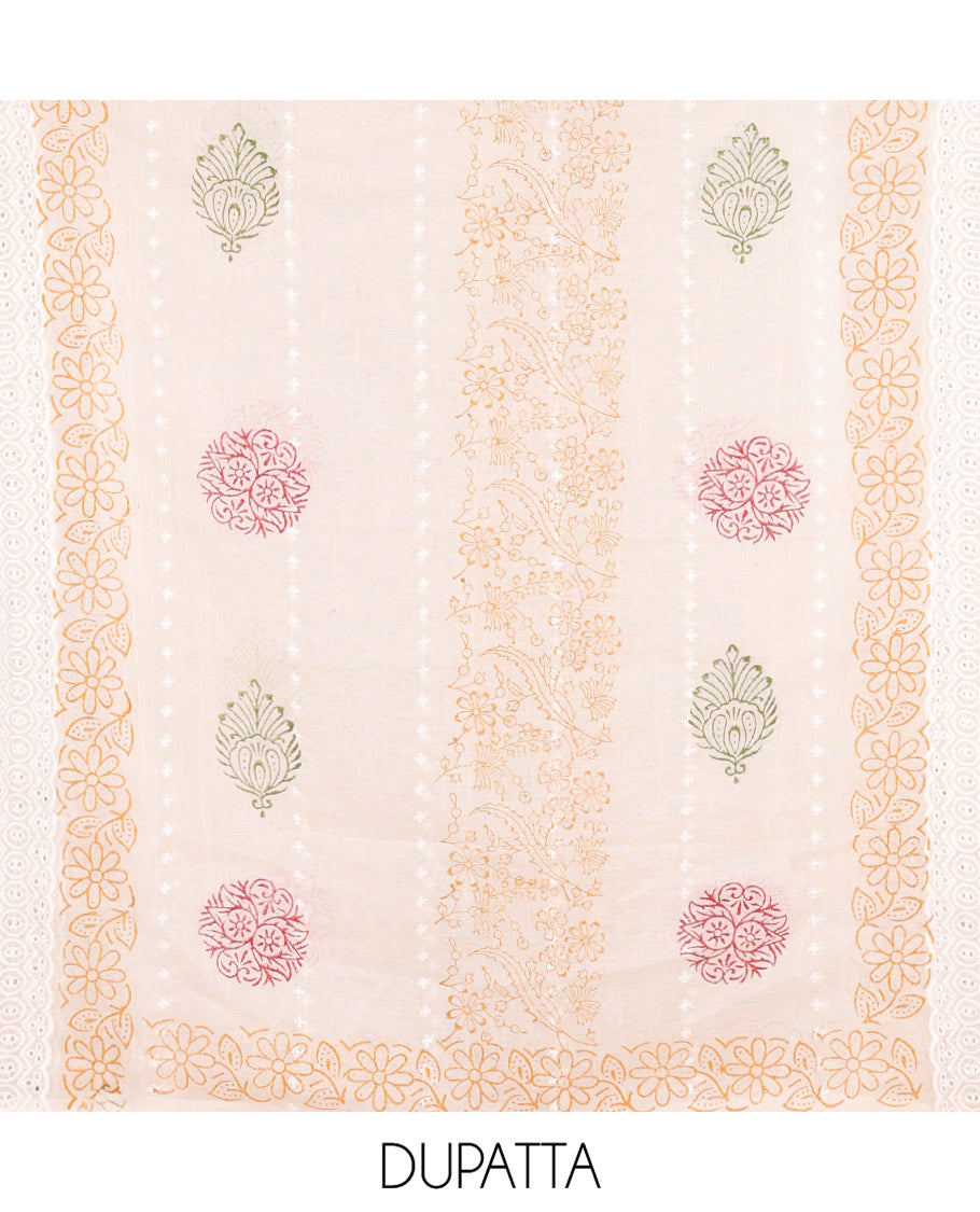 Mustard Cotton Material Chudidar, Floral Printed Hakoba Top, a Contrast Bottom, Print-Hakoba Dupatta