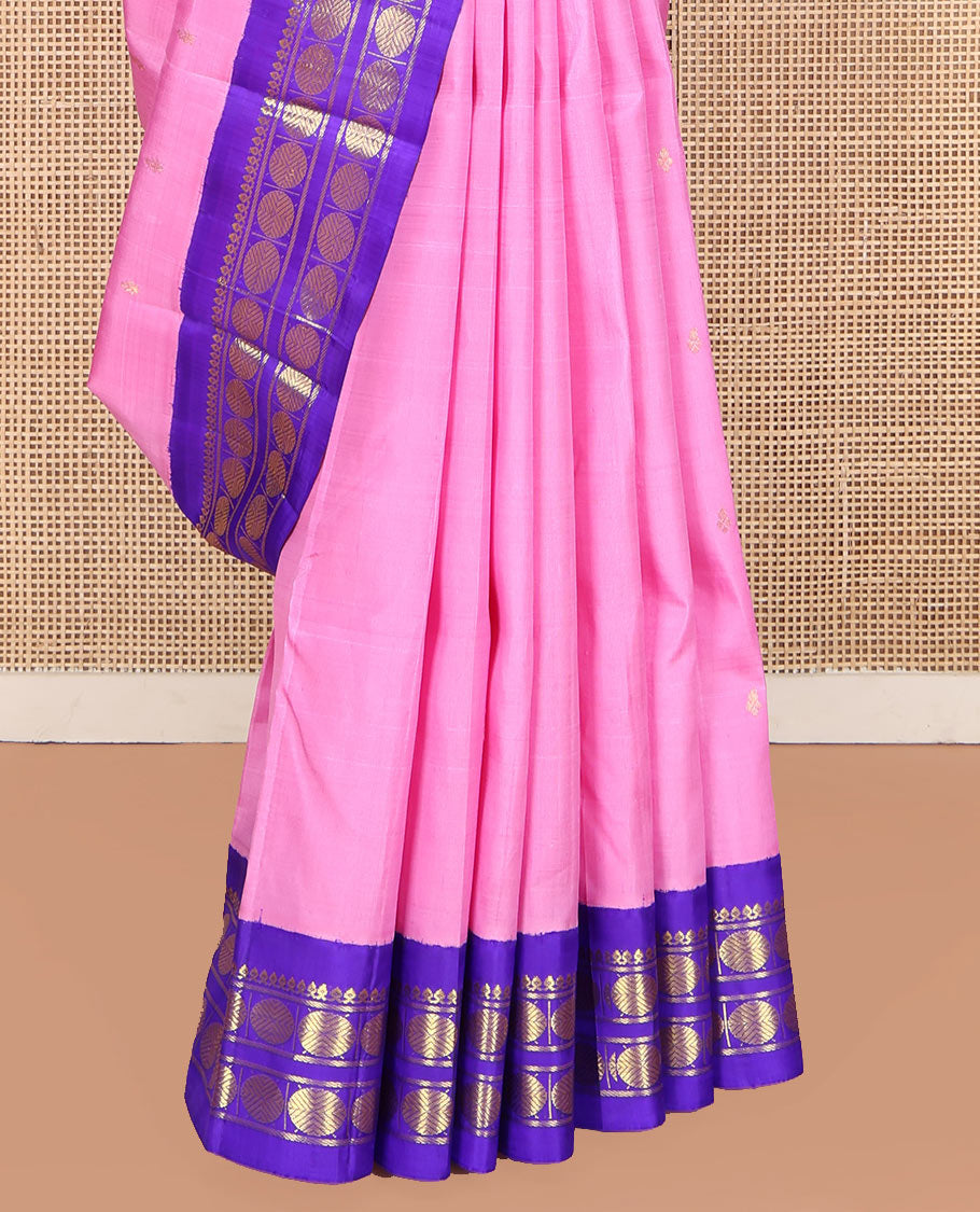 Rosemilk Pink Kanchipuram Silk Saree, Graced with Zari Buttas on Its Body, Complemented by a Contrast One-Sided Korvai Border of Thilakam Mokku, Banaras, and Poun Designs, Pallu of Zari Designs, and Comes Without a Blouse