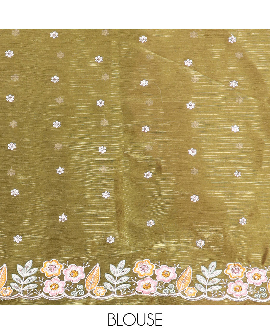 Green floral motifs thread embroidery half saree with self floral embroidery border , floral motifs blouse & floral embroidery scallop border dhavani