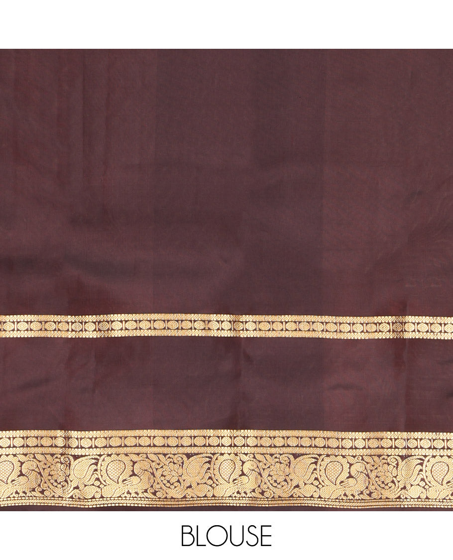 Green Vasundhara Lite Silk Mix Saree, Woven with Zari Buttas, Complemented by a Contrast Border of Muthu, Banaras, Rudraksham, and Mayil Designs, Pallu Elevated with Rudraksham Butta Enclosed Jaal Designs, and Paired with a Contrast Blouse