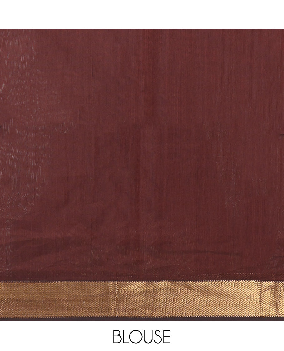 Brown Maheshwari Cotton Saree, Enriched with Zari Buttas, a Traditional Zari Border, Zari Woven Pallu, and a Matching Blouse