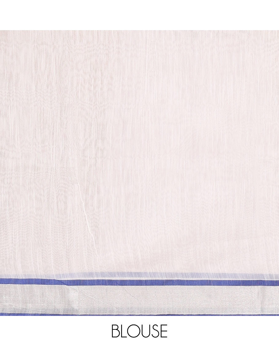 White-blue flying bird motifs printed linen saree, silver bavanji border, printed pallu & plain blouse