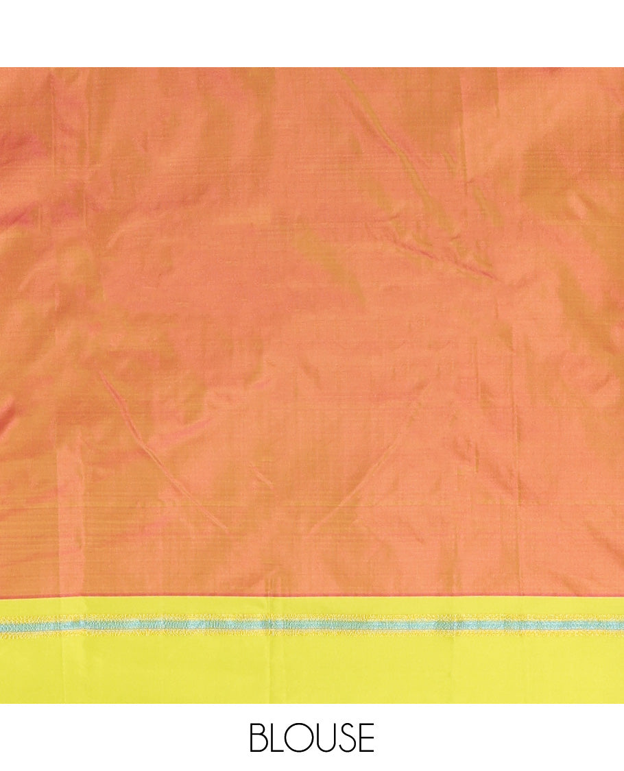 Pink Aarani Silk Saree, Elevated with Zari Stripes All Over Its Body, Complemented by a Contrast Border, Pallu of Stripes, and Paired with a Contrast Blouse