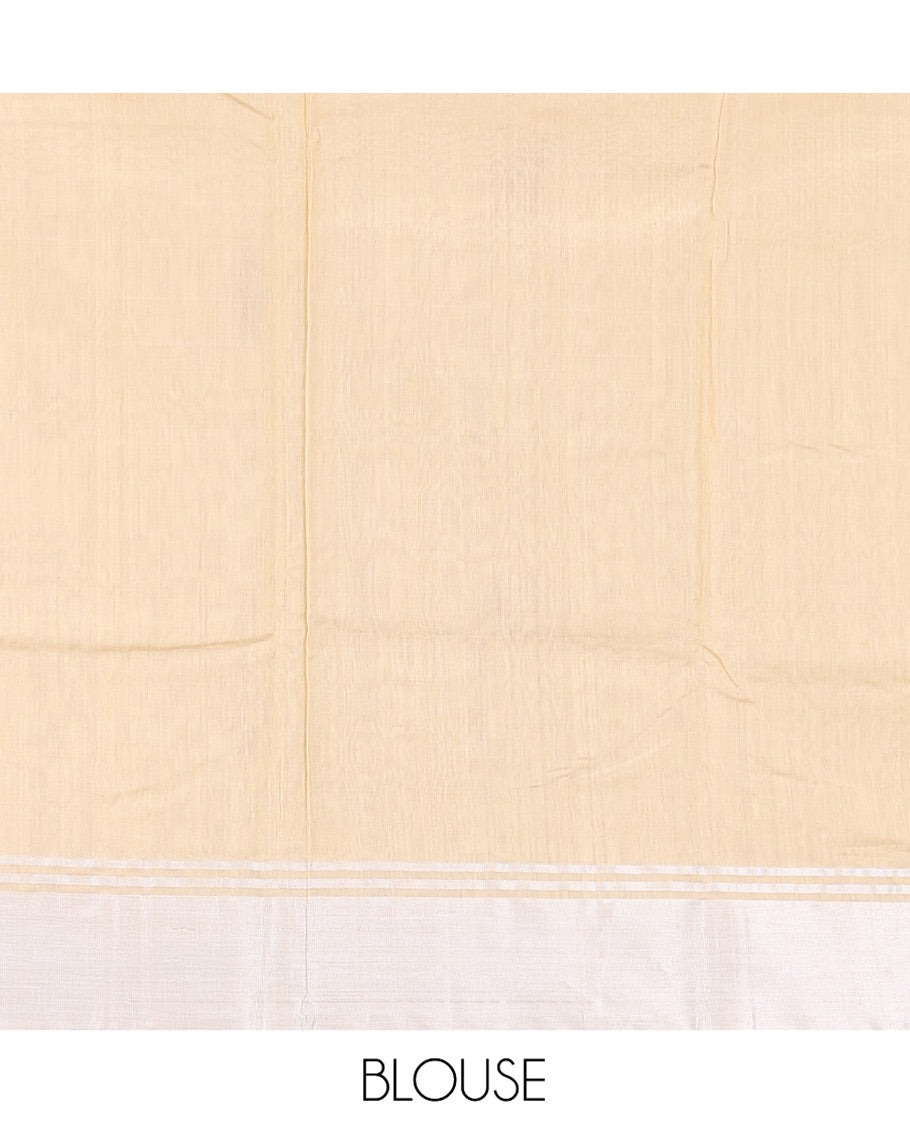 Sandal Chanderi Cotton Saree, Woven with Floral Buttas All Over Its Body, Highlighted by a Bavanji Border, Pallu Steeped with Zari Stripes, and Paired with a Matching Blouse