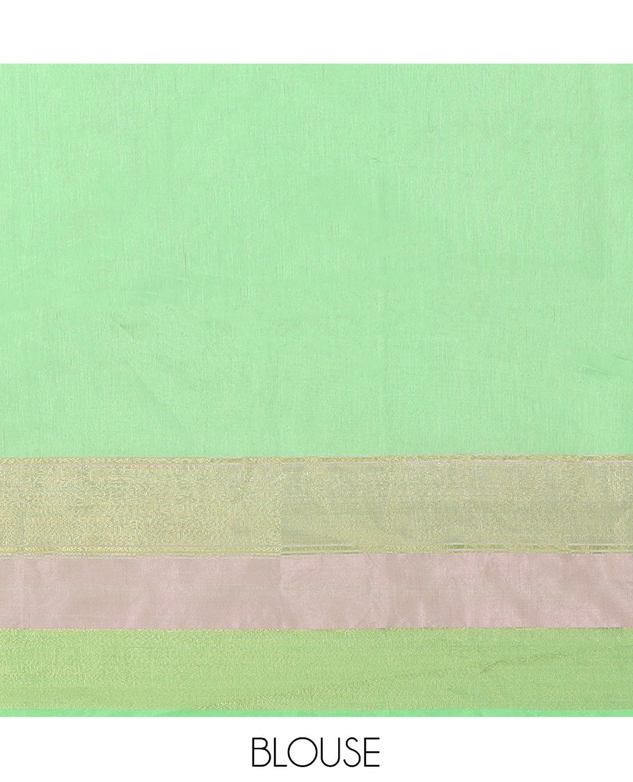 Cream Plain Chanderi Cotton Saree, Complemented by a Contrast Tri-Color Zari Border, and a Contrast Blouse