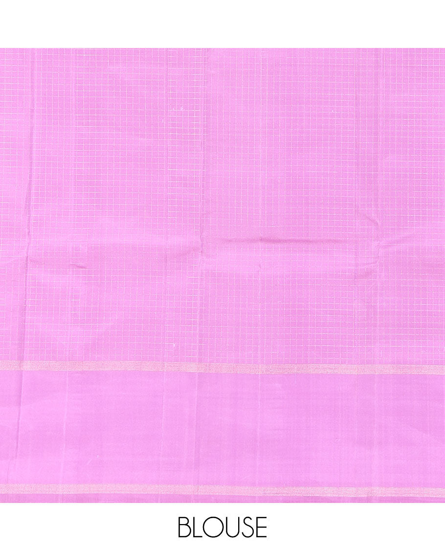 Peach Vasundhara Silk Saree, Bedecked with Zari Checks All Over Its Body, Complemented by Contrast Rettai Pettu Zari Stripes Border, Sparsely Woven Pallu of Jaal Designs, and Paired with a Contrast Blouse