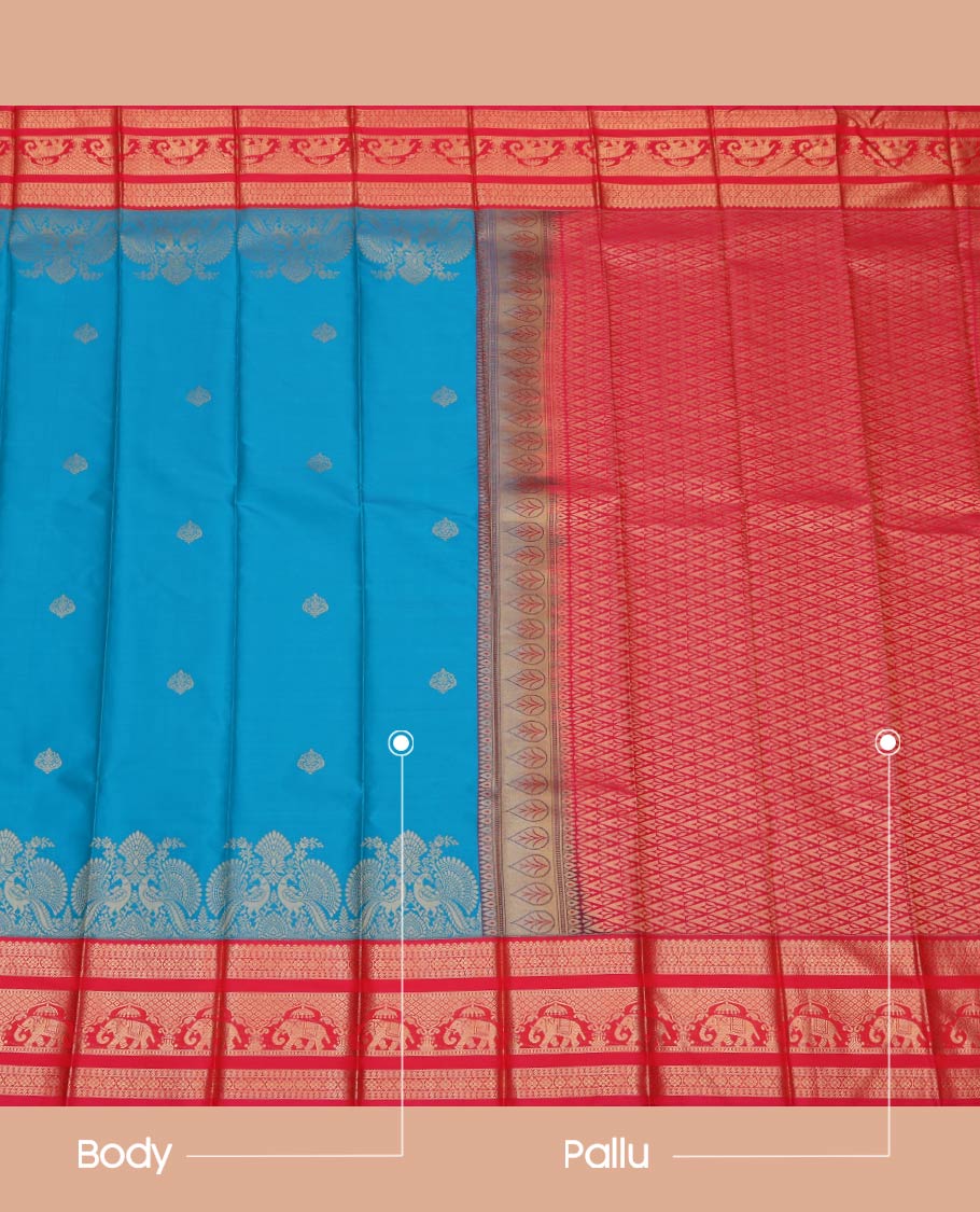 Blue Budget Silk Saree, Adorned with Zari Buttas All Over Its Body, Complemented by a Contrast Traditional Zari Design Border, Grand Pallu of Jaal Designs, and Paired with a Contrast Blouse