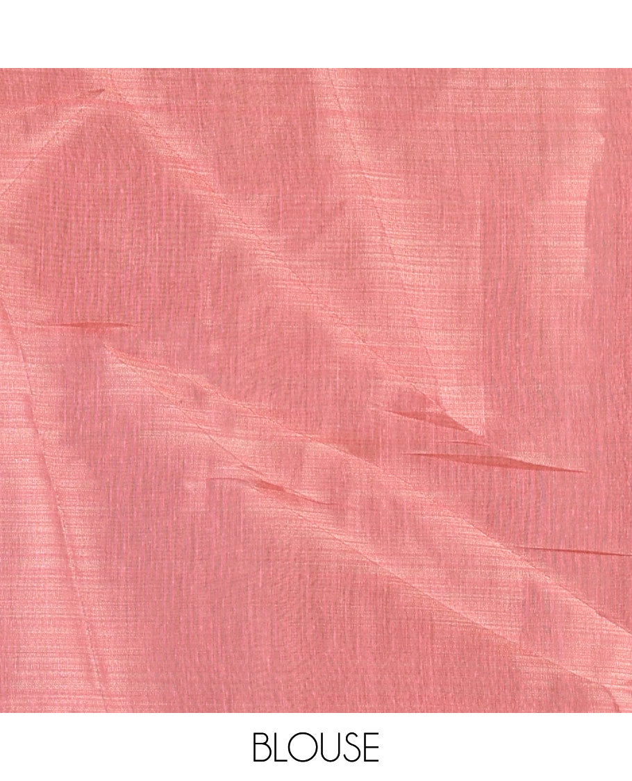 Cream mordern pink floral motifs printed tissue saree, contrast plain border, floral printed pallu, and a contrast plain blouse