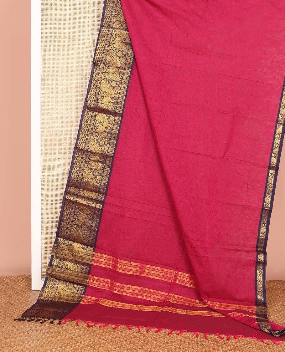 Red Plain Chettinad Cotton Saree, Complemented by a Contrast Traditional Zari Border of Peacock Designs, and a Pallu of Zari Stripes