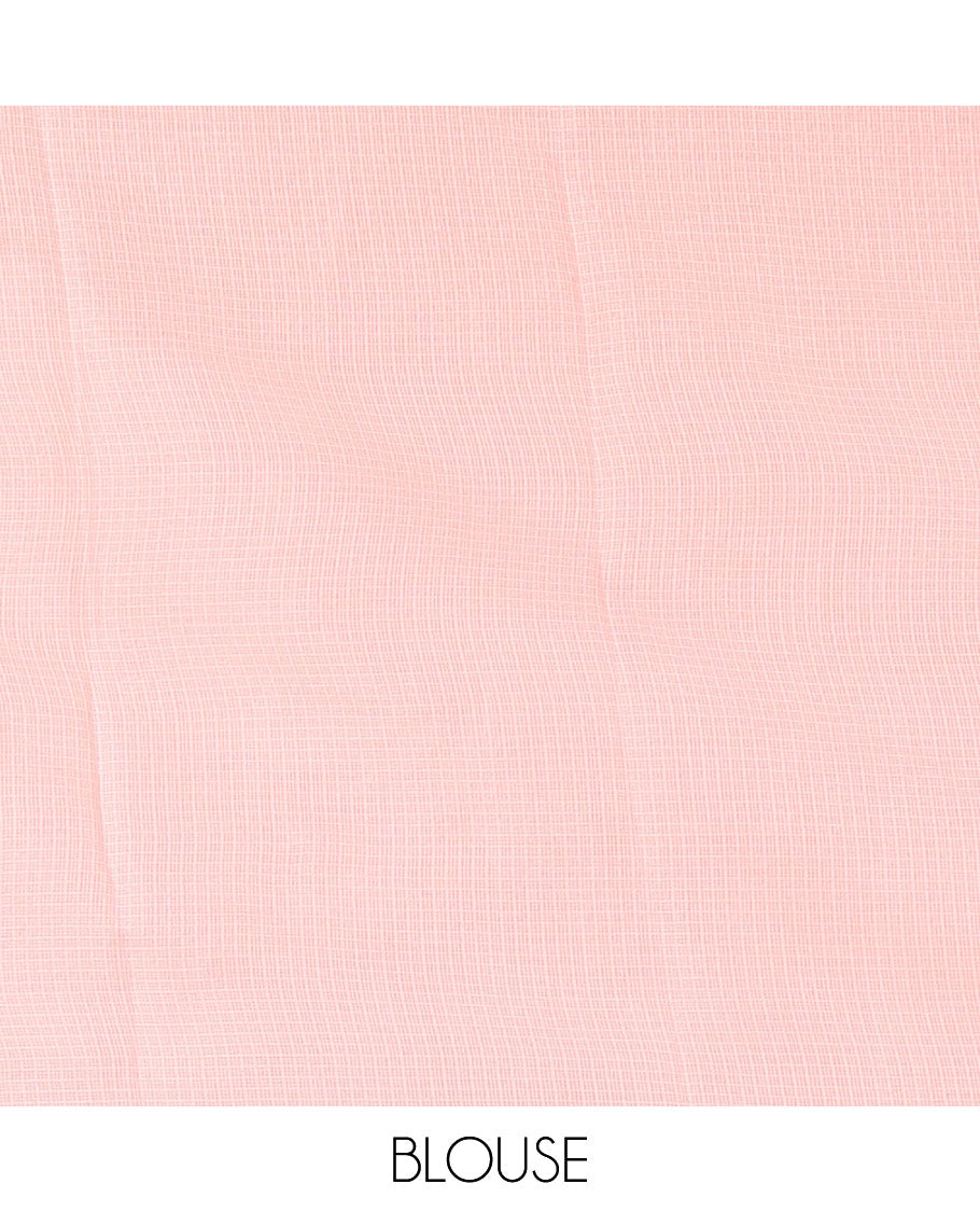 Peach Kota Cotton Saree, Finely Crafted with Floral Motifs Thread Embroidery on Its Body, Scallop Lace Embroidery Border, Pallu Features Same Embroidery, and Paired with a Matching Blouse