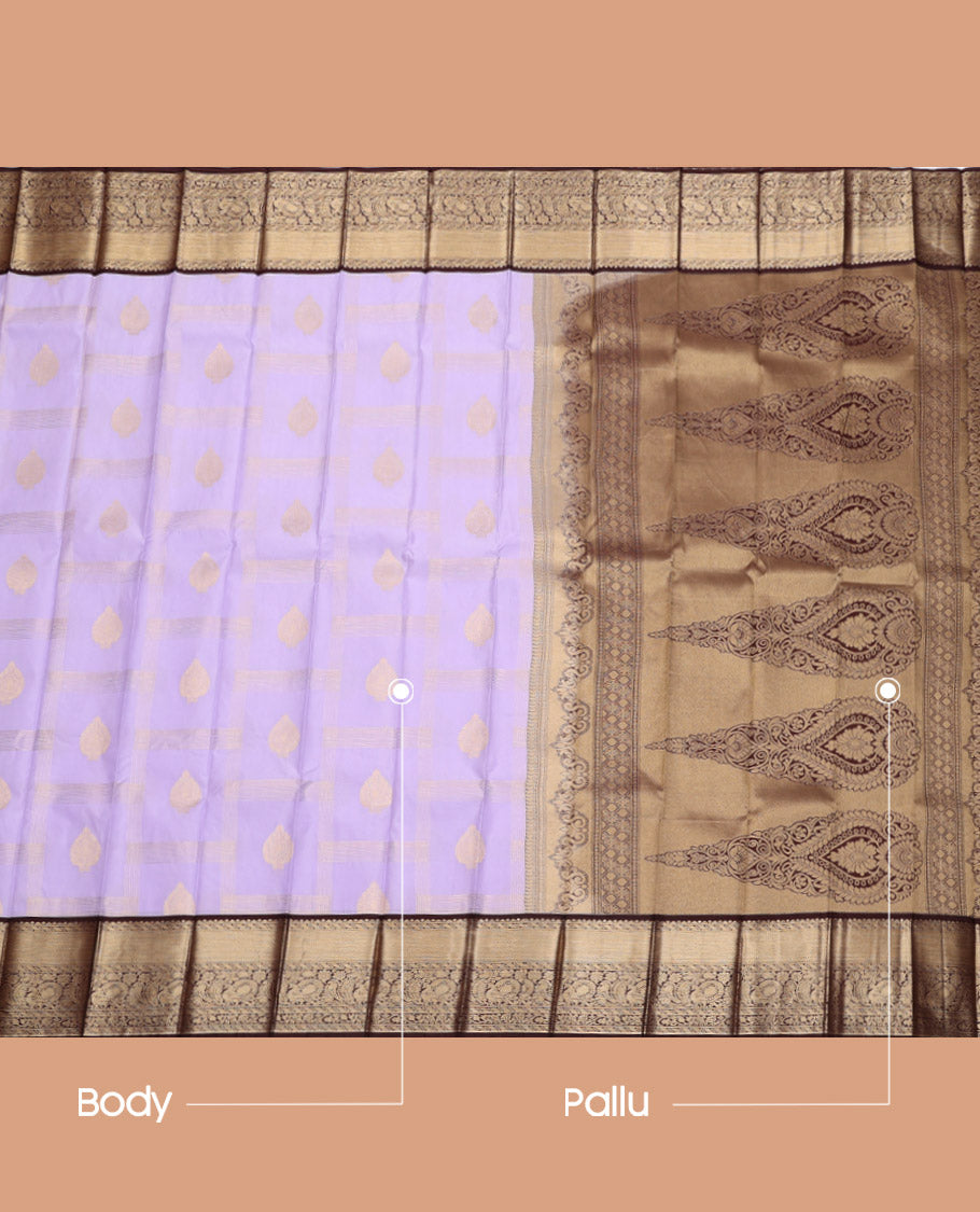 Lavender Budget Silk Saree, Sparsely Sparkled with Zari Butta Enclosed Checks, Complemented by a Contrast Traditional Zari Border, Grand Pallu, and Contrast Blouse