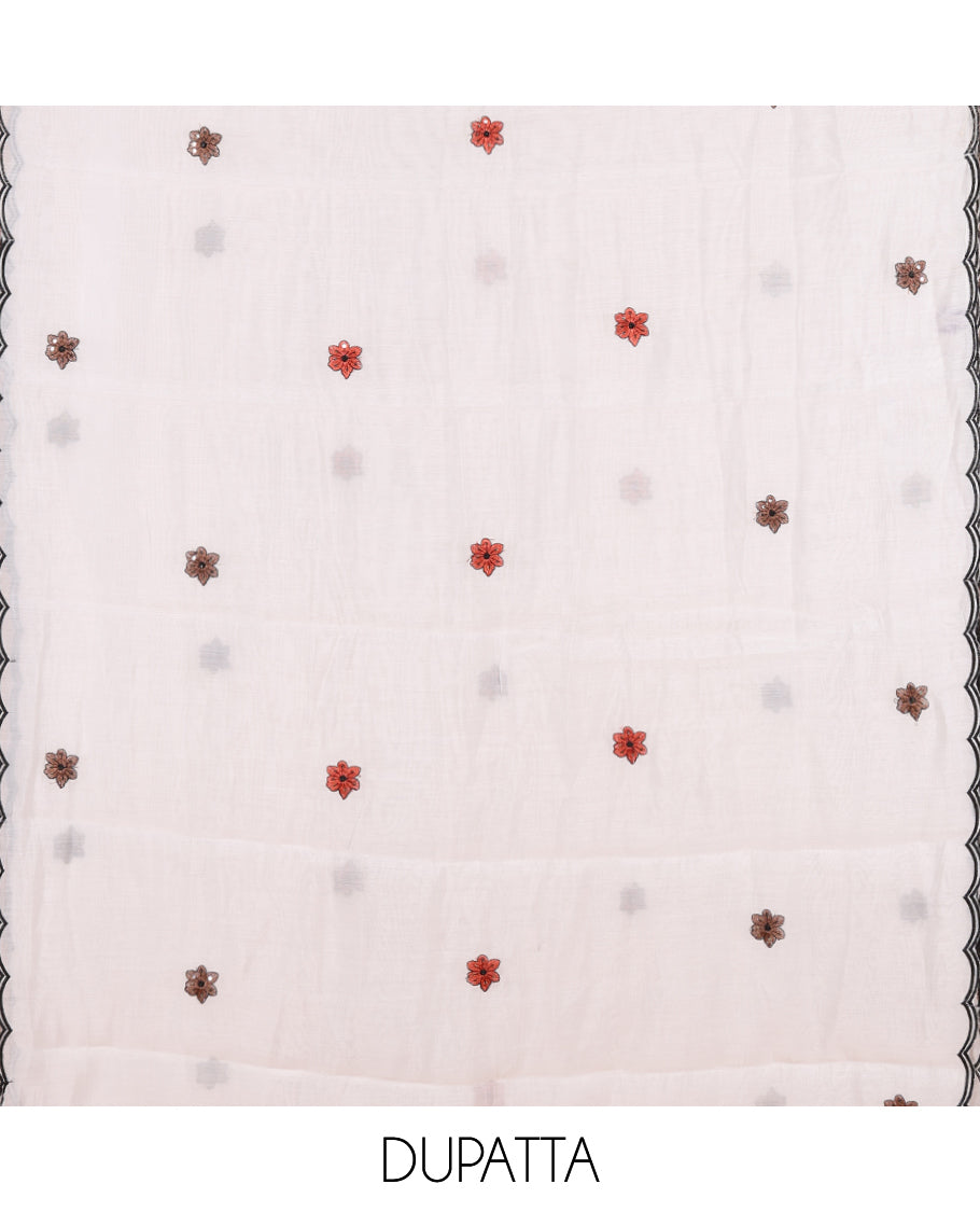 Cream-Rust Mul Chanderi Material Chudidar, Floral Embroidery Top, Matching Bottom, Floral Embroidery Dupatta