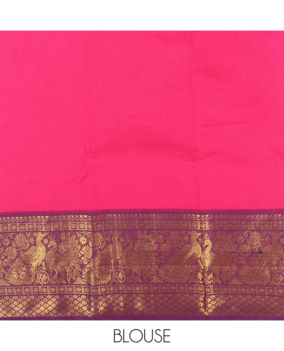 Pink Plain Chettinad Cotton Saree, Complemented by a Contrast Traditional Zari Design Woven Border of Peacocks, Pallu of Stripes, and Paired with a Matching Blouse