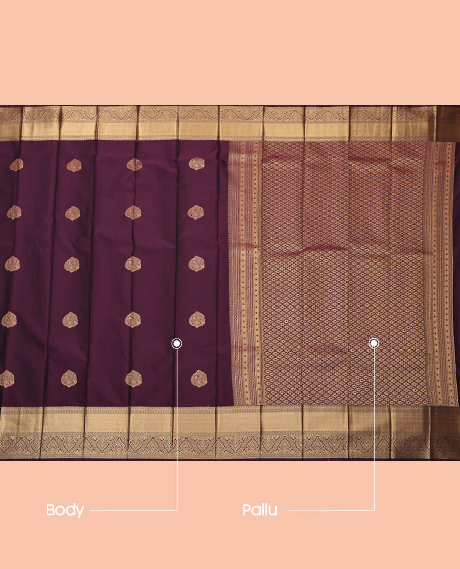Purple Budget Silk Saree, Ornamented with Zari Buttas, Highlighted by a Traditional Zari Border, Jaal Pallu, and Matching Blouse