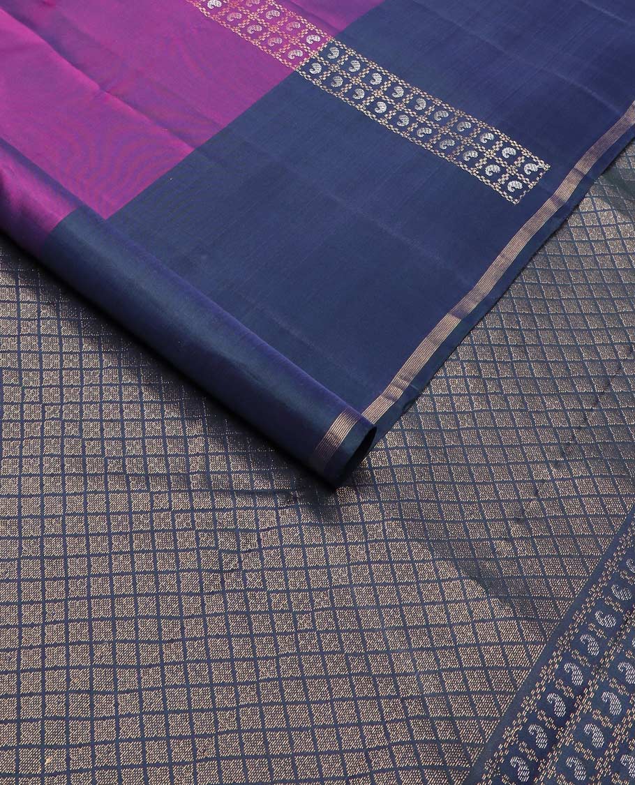 Purple zari buttas silk mix saree, contrast zari design border & pallu of manga butta enclosed checks & jaal designs