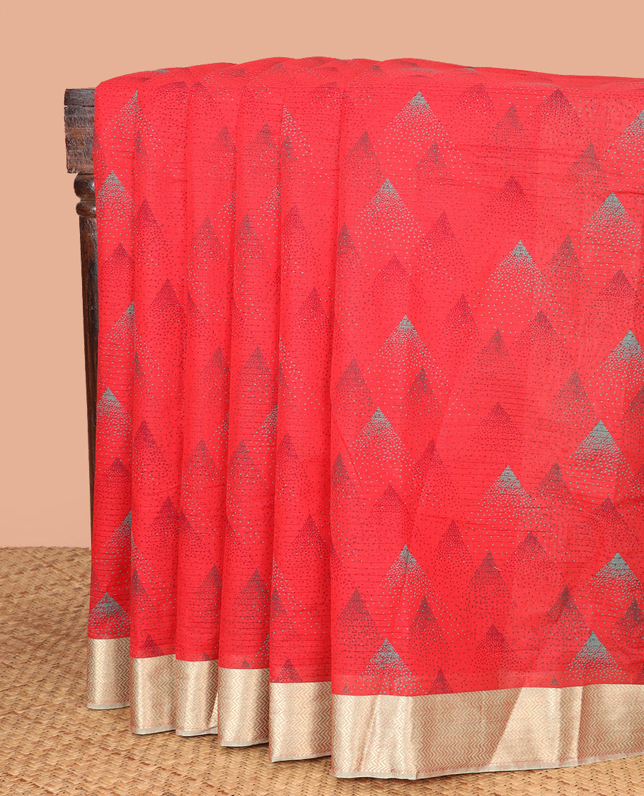 Red Chirala Cotton Saree, Subtly Sparkled with Triangle Printed All Over Its Body, Complemented by a Contrast Chevron Zari Border, Pallu Features Paisley and Peacock Block Print, and Paired with a Contrast Blouse