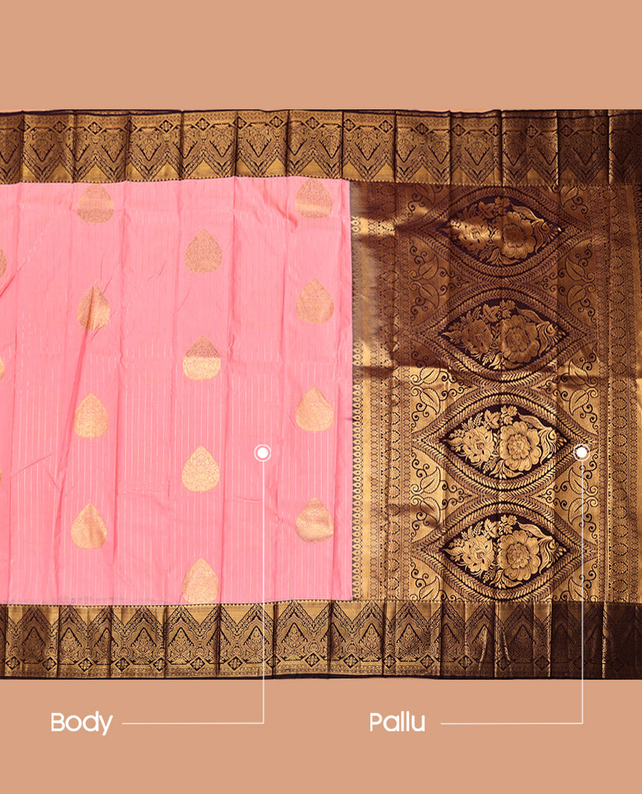 Pink Budget Silk Saree, Sparsely Woven with Zari Buttas and Stripes, Complemented by a Contrast Traditional Zari Border, Intricate Pallu, and a Contrast Blouse