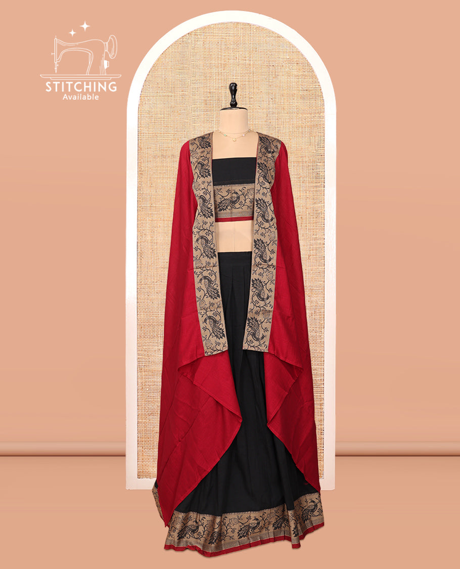 Black Cotton Half-Saree Features Plain Skirt, a Contrast Peacock Border, a Matching Blouse, and a Contrast Peacock Dhavani