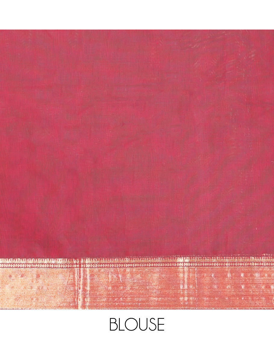 Red Silk Cotton Saree, Spotlighted by Zari Buttas On Its Body, Highlighted by Traditional Zari Border, Contrast Diagonally Woven Pallu and Paired with a Contrast Blouse