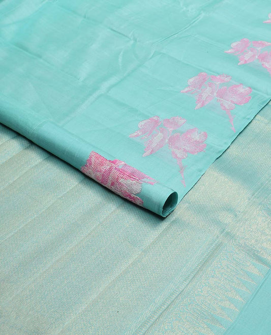 Blue kancheepuram silk saree with self floral design border & checked design pallu