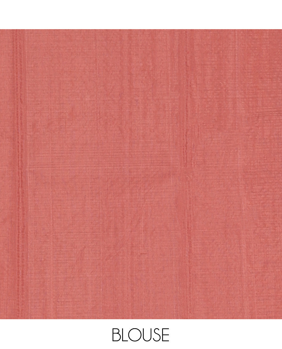 Borderless Rosewood Pink Silk Cotton Saree, Ornamented with Zari Buttas and Stripes, Grand Pallu, and a Matching Blouse