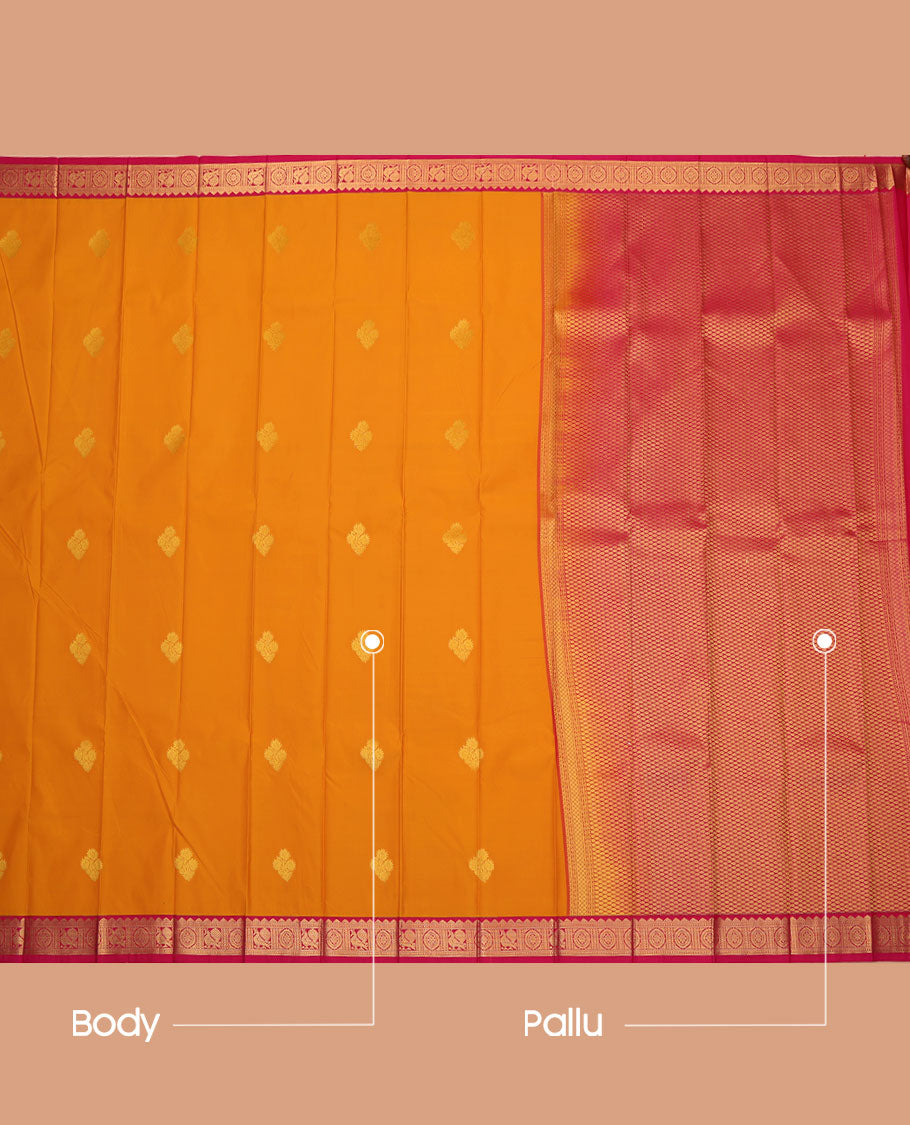 Orange Budget Silk Saree, Gleamed Up with Buttas All Over Its Body, Complemented by a Contrast Traditional Zari Border of Peacock and Chakram Designs, Jaal Pallu, and Paired with a Contrast Blouse