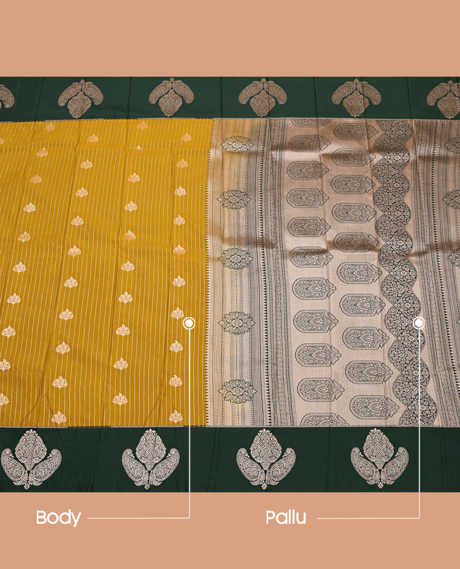 Mustard Budget Silk Saree, Embellished with Zari Buttas and Stripes, Complemented by a Contrast Zari Border, Grand Pallu, and Contrast Blouse