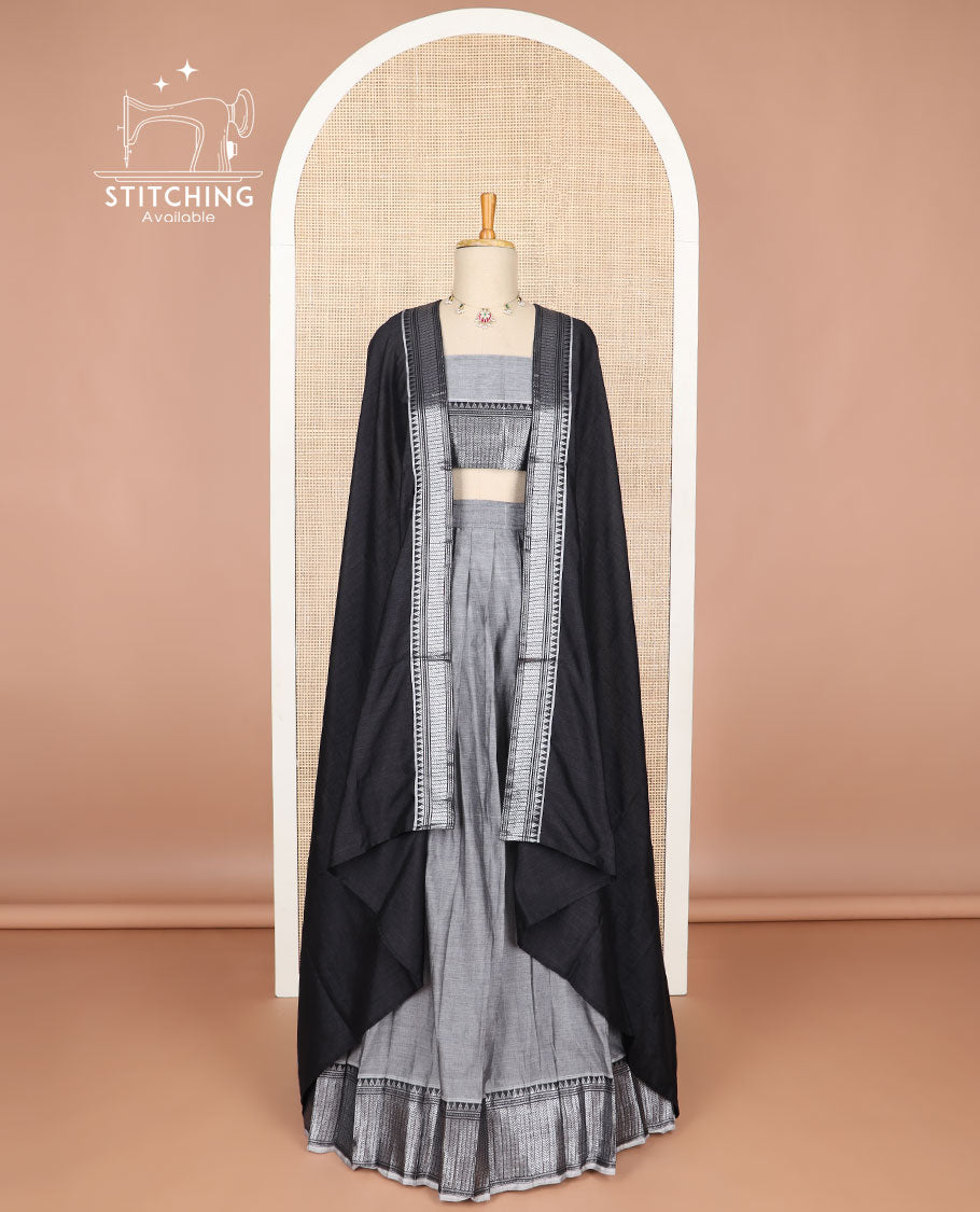 Grey cotton half saree with contrast zari design border, zari design blouse & plain, zari design border dhavani