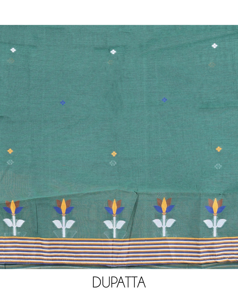 Green Mul Chanderi Material Churidar Features Jamdani-Style Meena Buttas Top, a Plain Bottom, and a Jamdani-Style Dupatta