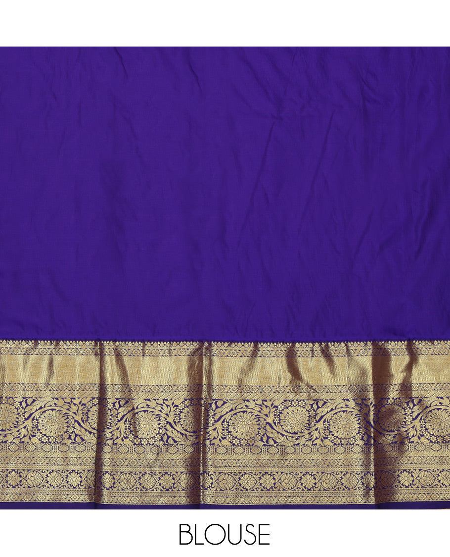Yellow Jacquard Art Silk Pavadai Material, Ornamented with Contrast Traditional Border, Contrast Blouse