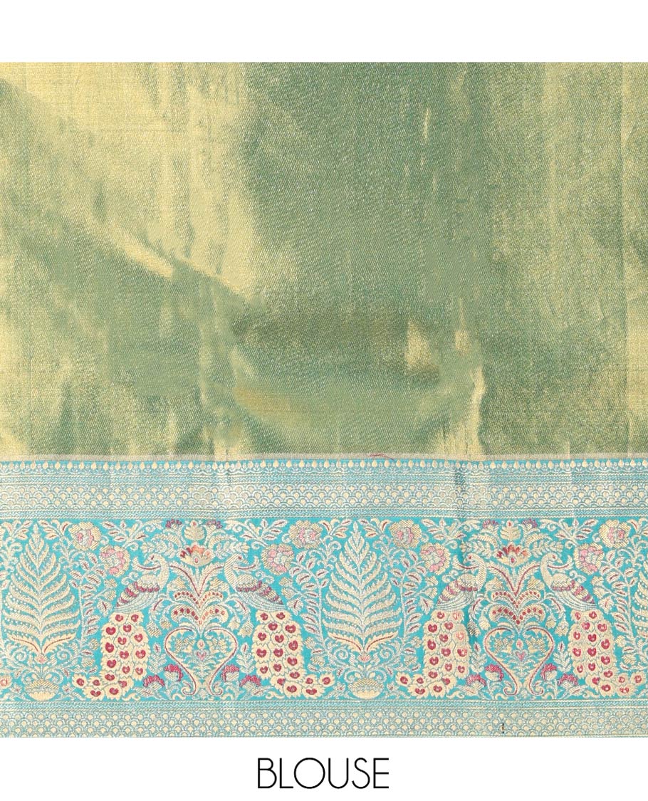 Wine Kanchipuram Tissue Silk Saree, Meticulously Crafted with Jacquard Design On Its Body, Complemented by Meenakari Border of Peacocks, Grand Jaal Pallu and Paired with a Contrast Blouse