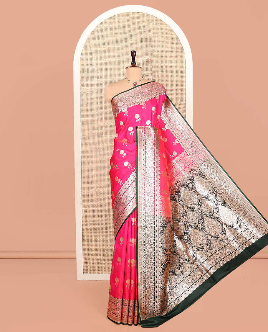Pink Banarasi Nylon Saree, Accentuated with Floral Buttas, Complemented by a Contrast Traditional Zari Border, Intricate Pallu, and a Contrast Blouse