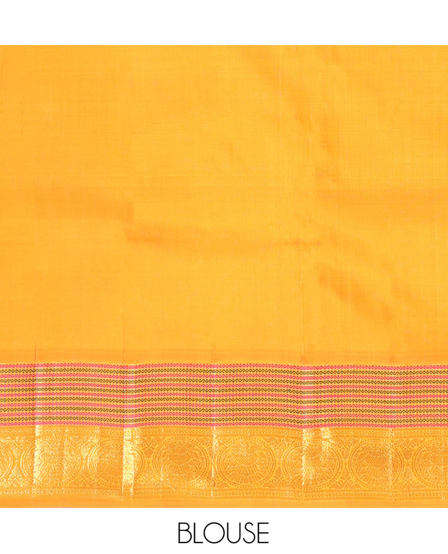 Yellow Plain Kanchipuram Silk Saree, Highlighted by Self-Border of Neli, Muthu, and Iru Thalai Pakshi Designs, a Self-Pallu, and Matching Blouse