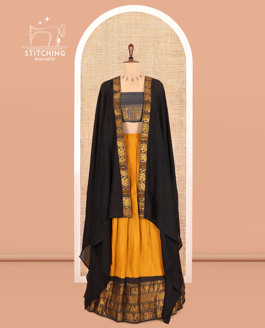 Mustard-Black Sungudi Cotton Half-Saree, Plain Skirt, Contrast Elephant-Peacock Border, Contrast Blouse, Contrast Elephant Motif Dhavani