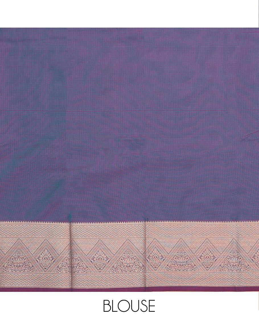 Blue Art Silk Pavadai Material Set, Subtly Enriched with Dotted Stripes and Buttas on Its Skirt, Complemented by a Contrast Traditional Zari Design Border, and Paired with a Contrast Blouse