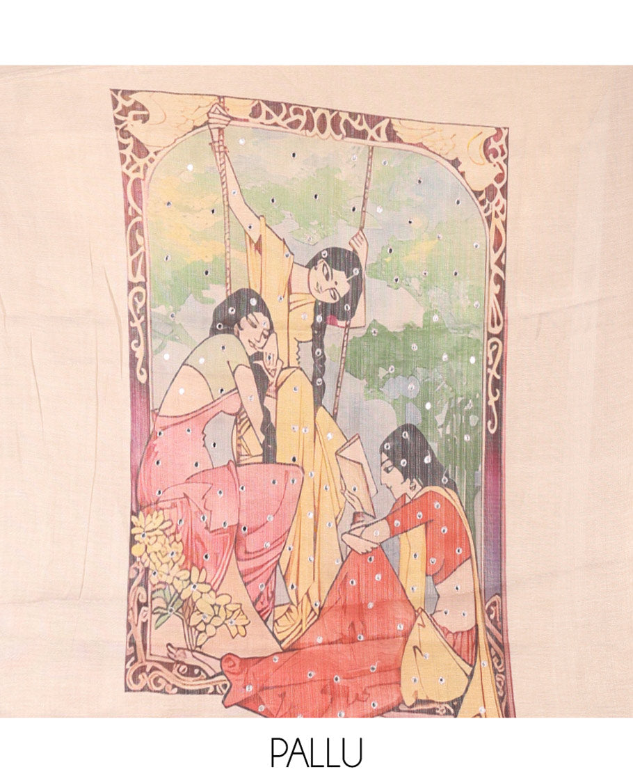 Gold Tissue Saree, Creatively Designed with Female Motifs Painting and Mirror work, a Scallop Border, and a Printed Blouse