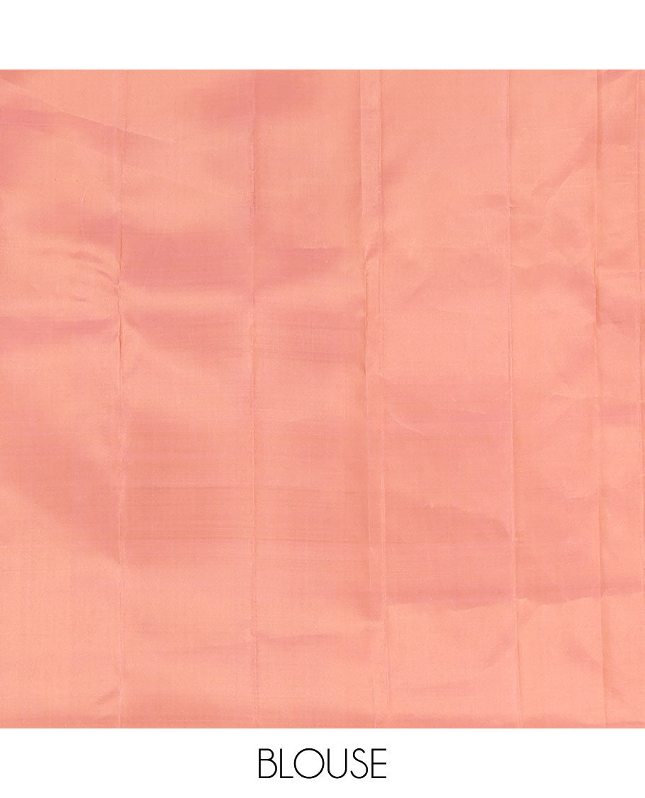 Orange Kanchipuram Silk Saree, Woven with Zari Buttas, Complemented by Semi Contrast Manga Motif Border, Pallu of Zari Design, and a Contrast Blouse