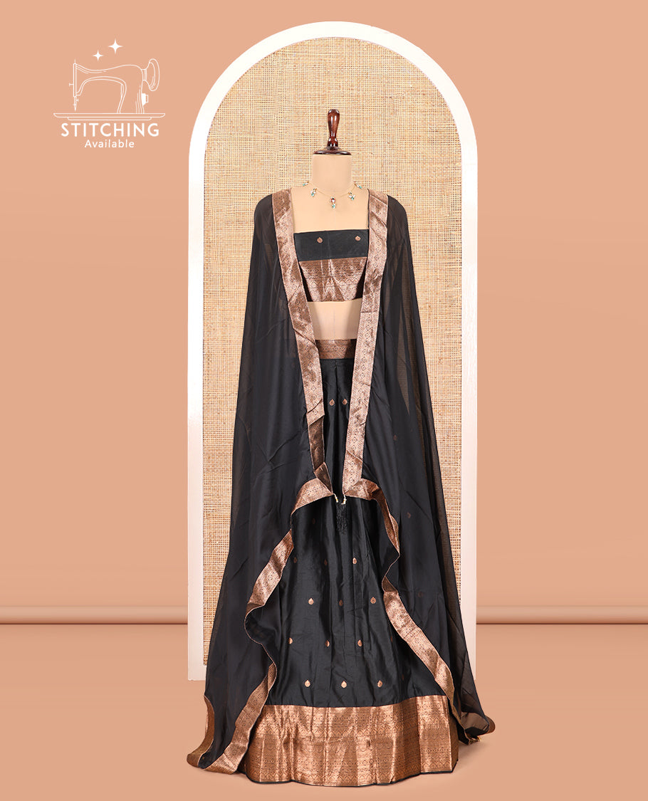Black Semi-Silk Half-Saree, Enriched with Zari Buttas Skirt, a Matching Blouse, and a Zari Design Dhavani