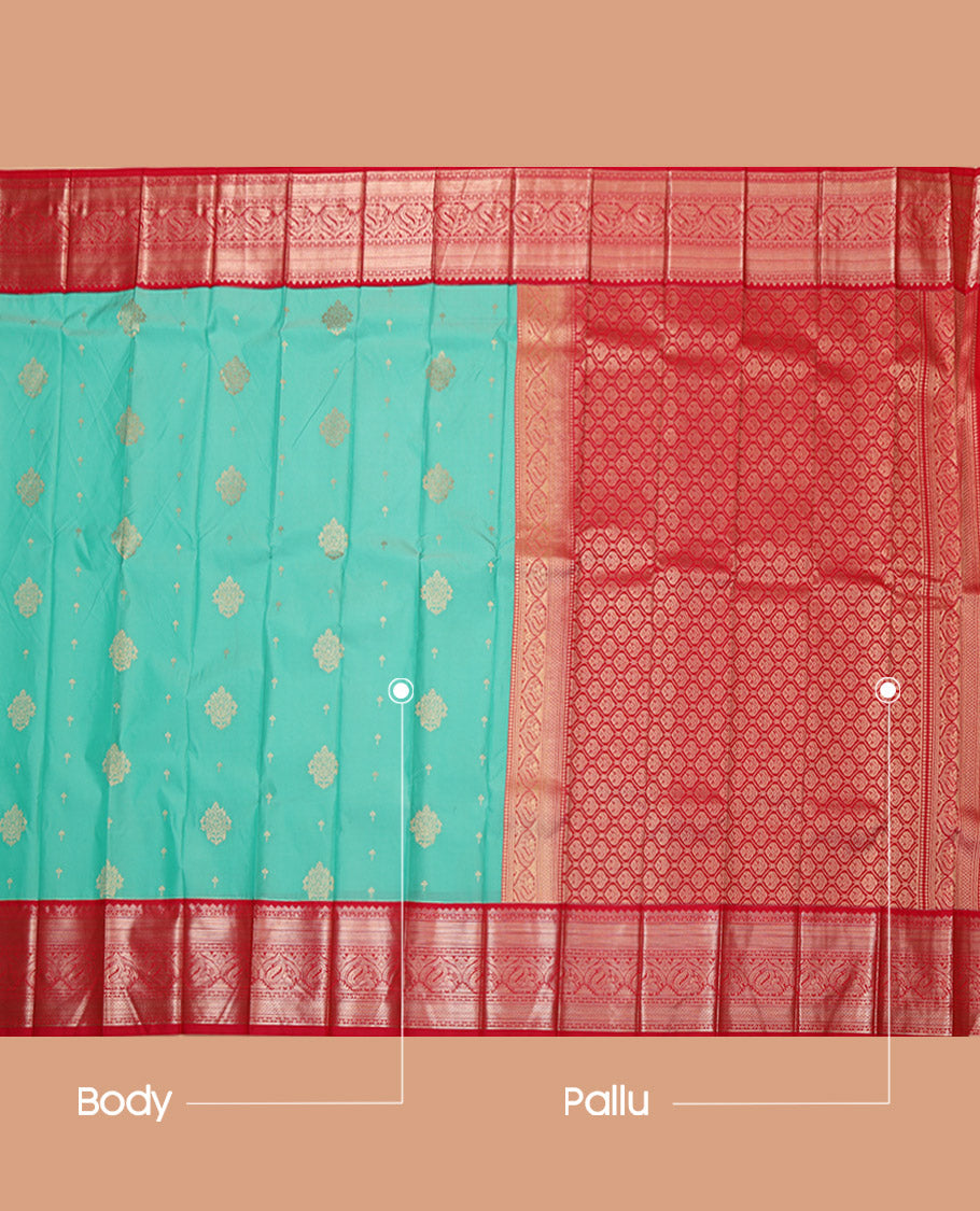 Turquoise Budget Silk Saree, Gleamed Up with Zari Buttas, Complemented by Contrast Traditional Zari Border, Jaal Pallu, and a Contrast Blouse