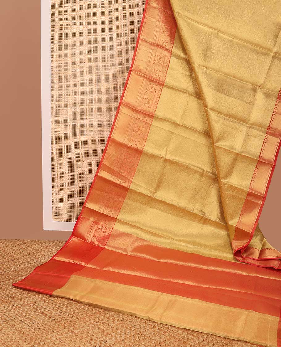Light brown floral jacquard tissue saree with contrast zari design border & floral zari design pallu