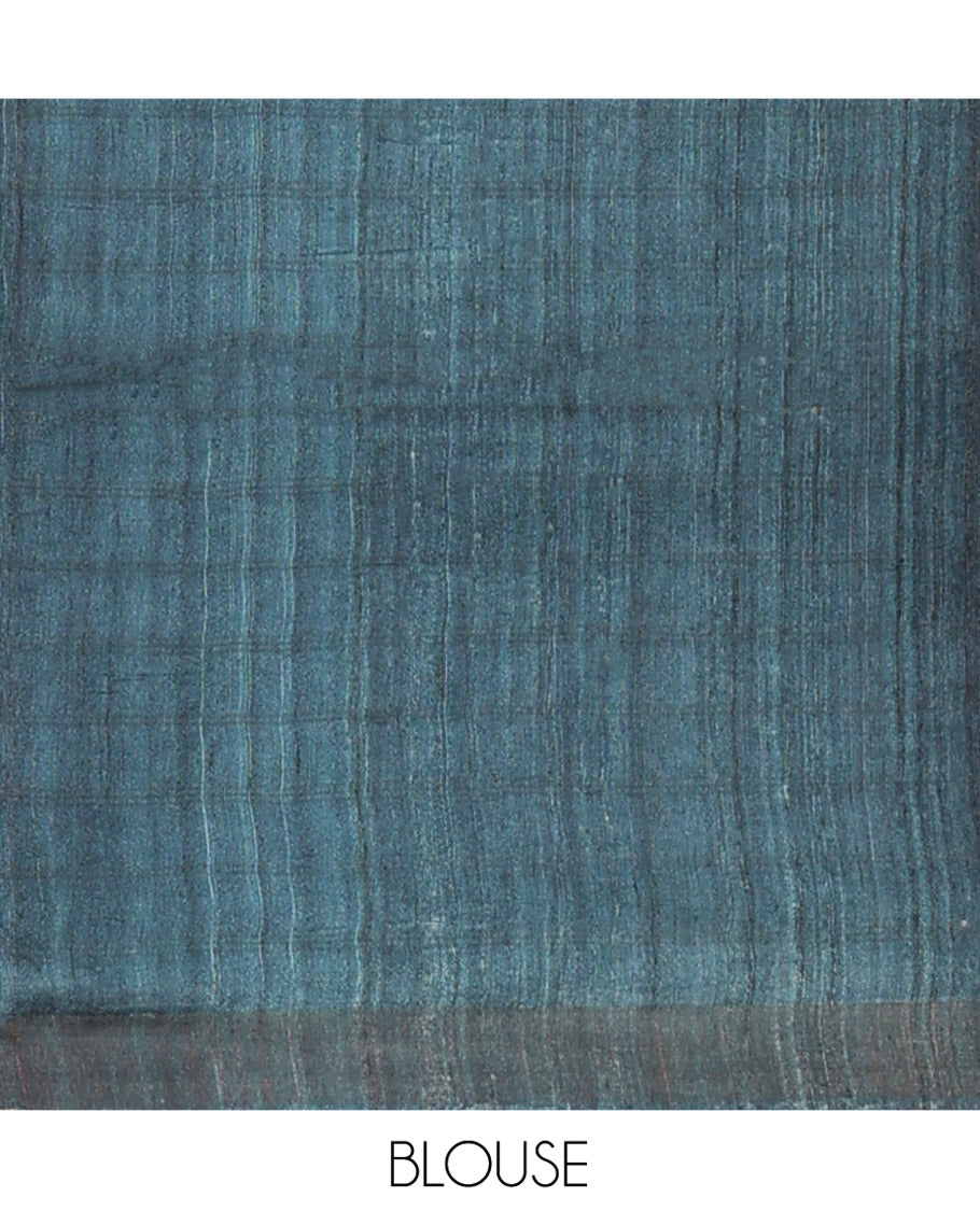 Blue Tussar Silk Saree, Adorned with Floral-Geometric Motifs Printed All Over Its Body, Featuring a Self-Border, Ombre-Style Blue-Shaded Pallu, and Paired with a Contrast Blouse