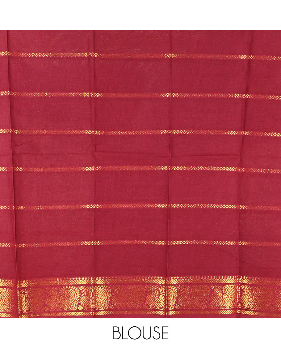 Parrot Green Sungudi Cotton Saree, Ornamented with Zari Buttas on Its Body, Complemented by a Contrast Retttai Pettu Traditional Zari Design Border, Zari-Design Pallu, and Paired with a Contrast Blouse